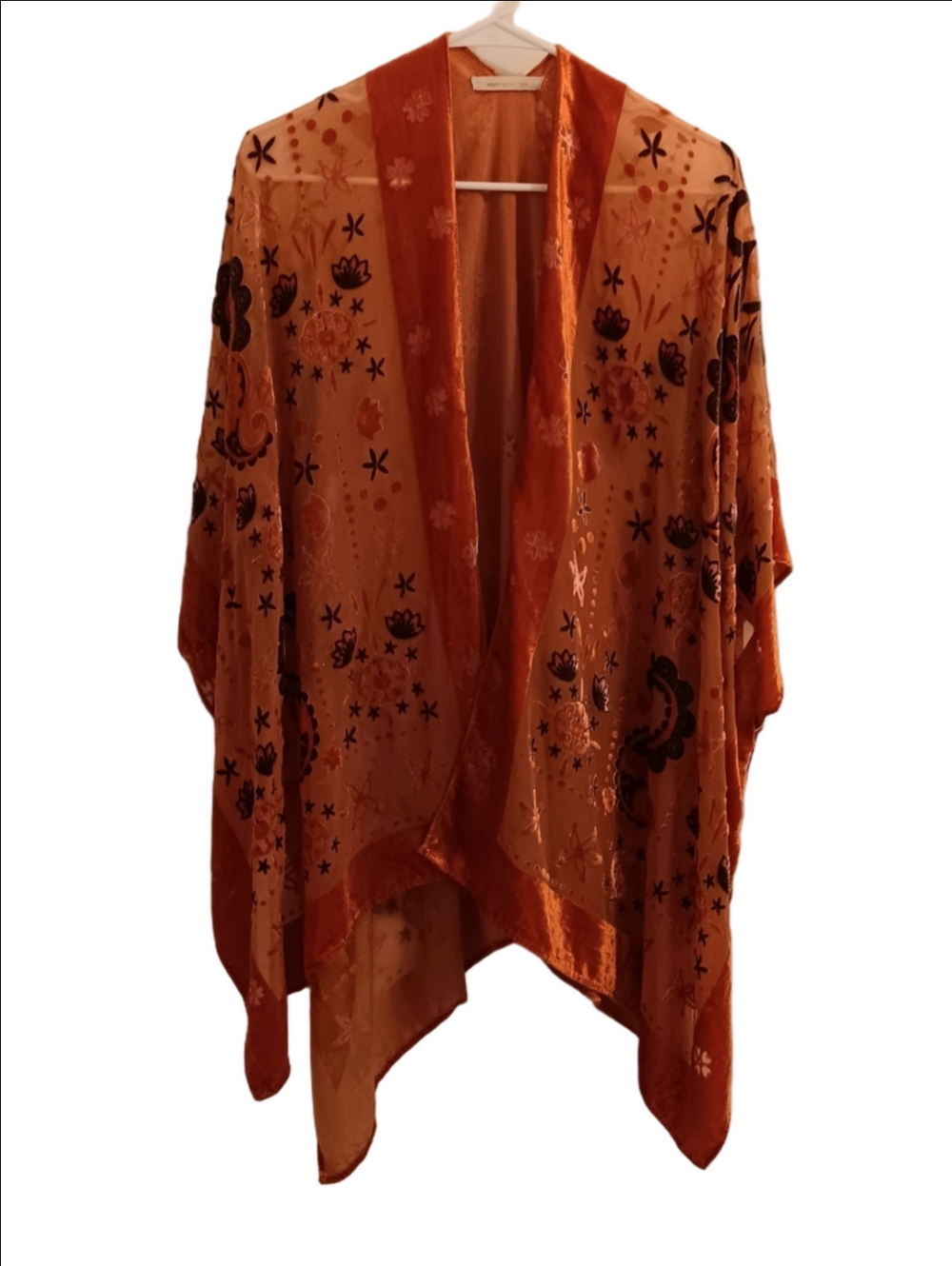 Urban Outfitter Rust Orange Velvet Burnout Floral Kimono Jacket Semi Sheer Boho